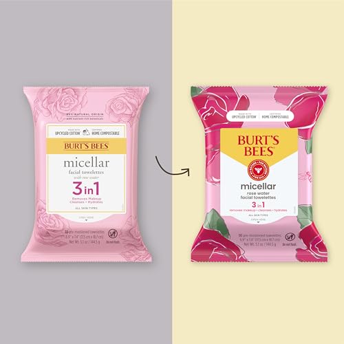 Burt's Bees Facial Towelettes, Micellar with Rose Water, All Skin Types, 30 ct Pack of 2 | Pre-Moistened | 99.5% Natural Origin