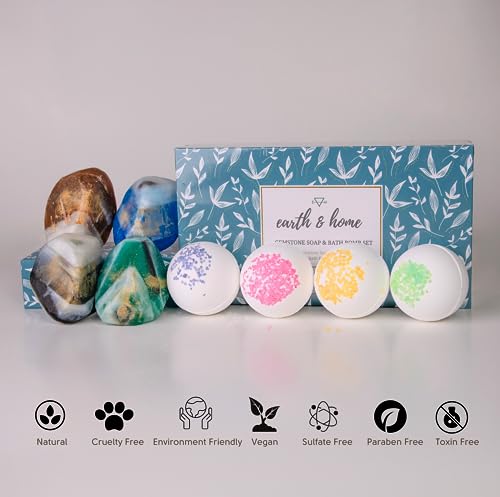 Gemstone Soap & Bath Bomb Set - Relaxing Spa Gift for Women - Earth & Home - 4 Decorative Rock Soaps with Crystals & 4 Fizzing Bath Bombs - Natural Ingredients & Essential Oils