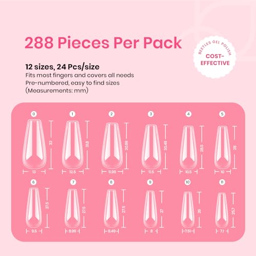 Beetles Gel Nail Tips Long Coffin Pre-Etched Nail Tips, 12 Sizes 288Pcs Pre Shaped Soft Gel Clear Nail Full Cover False Nail Tips Acrylic Glue on Nails Extension Fake Nails Manicure Gifts for Women