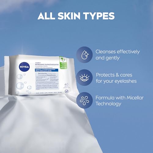 NIVEA 3-in-1 Refreshing Face Cleansing Wipes (40 Count), Normal/Combination Skin, Biodegradable, Plant-Based Fibres, Makeup Remover, Dermatologically Tested