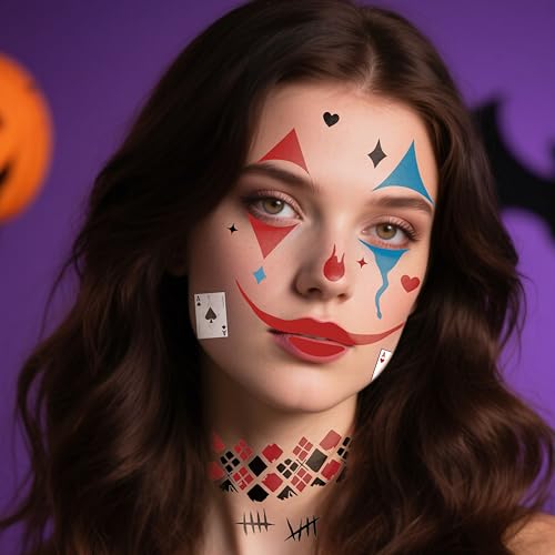 4¡¿ Clown Face Tattoo, Halloween Temporary Tattoos Clown Makeup Joker Tattoos,Halloween Face Tattoos Joker tattoo Temporary for Horror Party Decor Role Playing (4Pcs clown face tattoo)