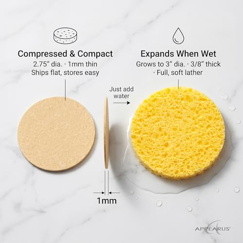 Natural Yellow Compressed Cellulose Facial Sponges - 50 Count, Reusable & Gentle for All Skin Types