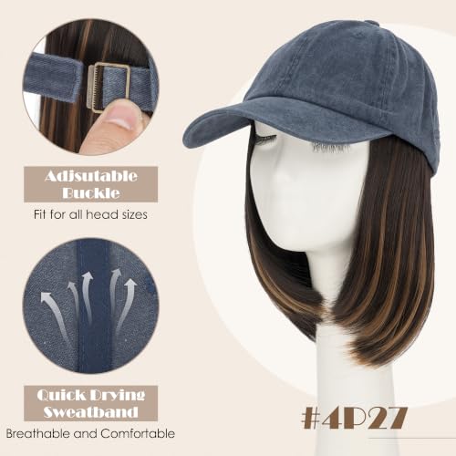 Blue Highlighted 6-Inch Distressed Baseball Cap Wig with Short Bob Hair for Women - Adjustable Vintage Hat Wig