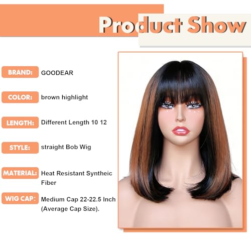 RSPO9# 10-Inch Straight Bob Wig with Bangs and Brown Highlights – Breathable Cap, Glueless Synthetic Short Wig for Women