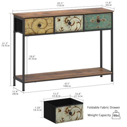 Entryway Console Table with Retro Flower Fabric Drawers and Open Shelf - Narrow Sofa Table for Hallway Living Room Foyer - Variation: Retro Flower / 3 Drawers