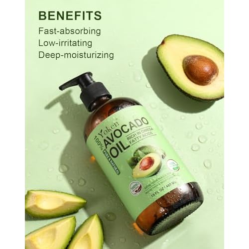 USDA Organic Avocado Oil Cold Pressed 16oz Glass Bottle - Moisturizing Unscented Body oil for Dry Scalp, Hair & Skin Hydrating,Non Greasy Carrier oils for Essential Oils Mixing,, aceite para cabello