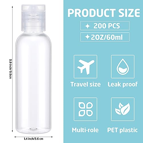 Zhehao 200 Pcs 2 oz Clear Plastic Empty Bottles Small Travel Size Bottles with Flip Cap Empty Transparent Dispenser Container for Liquids Toiletries Shampoo Lotion(Colorless Cap)