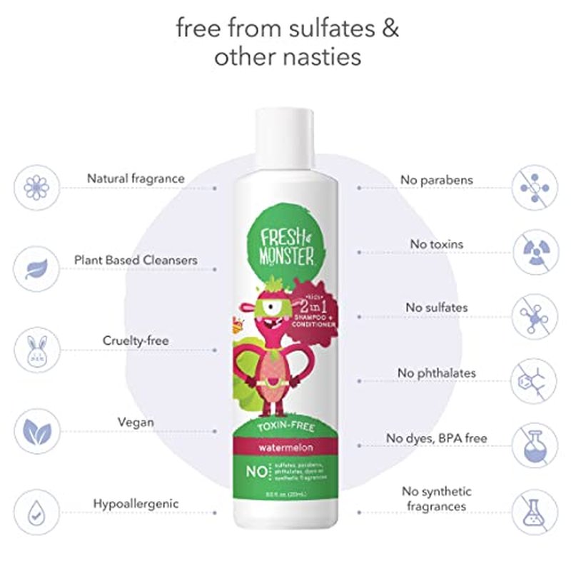 Fresh Monster 2-in-1 Kids Shampoo & Conditioner, Toxin-Free, Hypoallergenic, Tear-free Shampoo & Conditioner for Kids, Watermelon (2 Pack, 8.5oz/each)