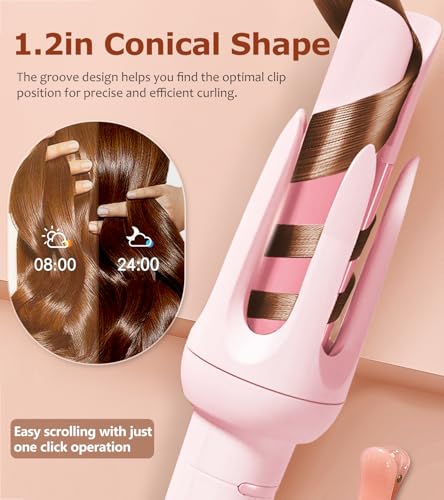 BILITOK Auto Hair Curler Pink - 4 Temp & 3 Timer, 360° Anti-Tangle