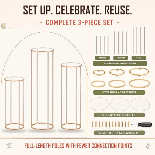 Gold Metal Cylinder Pedestal Stands 3-Pack for Party Decor & Cake Displays