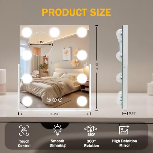 Vanity Mirror with Lights, 16"¡¿10" Hollywood Makeup Mirror with 9 Dimmable Bulbs, 3000mAH Battery, 3-Color Lighting, Dimmable, 360¡Æ Rotation, 10x Magnification, Desk Mirror, Bedroom (White)