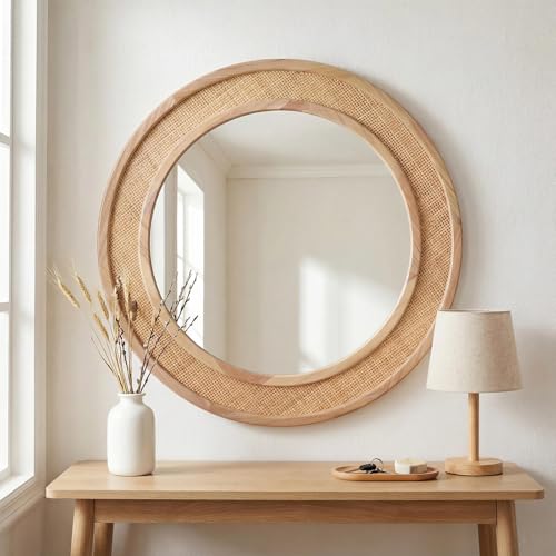 Nature 24 Inch Round Rattan Wall Mirror Farmhouse Wooden Vanity Mirror