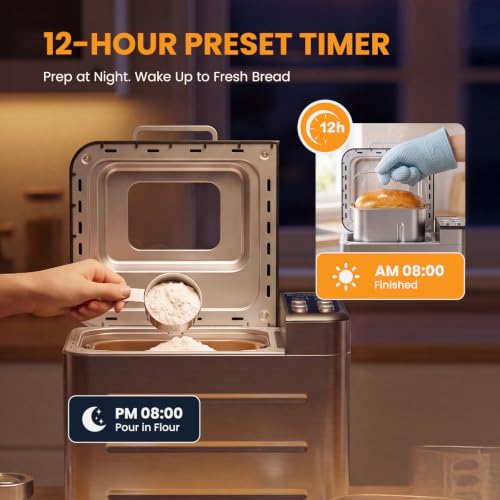 NEWBULIG 21-in-1 Stainless Steel Bread Maker with Delay Timer, Silver