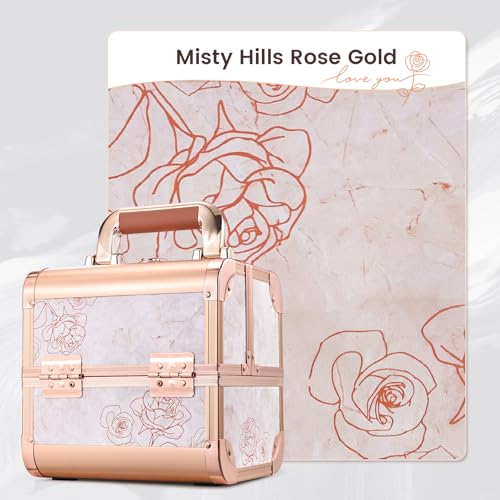Costravio Makeup Case Train Case Portable Makeup Box with Mirror Lock Box Travel Cosmetic Train Cases Hard Make Up Organizer for Girls Nail Craft Storage Vanity Rose Gold Flower
