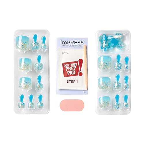 KISS imPRESS No Glue Pedi Press-On Nails, Design, 'Last Flowers', Medium Blue, Short Size, Squoval Shape, Includes 24 Nails, Prep Pad, Instructions Sheet, 1 Manicure Stick, 1 Mini File