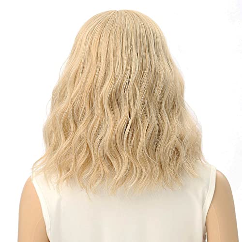 Blonde Wave Short Bob Wig with Air Bangs - Curly Wavy Shoulder Length Cosplay Hair - Mix Blonde and Gold - Variation of THIS listing
