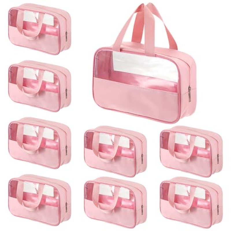 9 Pcs Translucent Make up Bag Pink Big Travel Cosmetic Makeup Toiletry Bag with Handle and Zipper Waterproof Portable Cosmetic Travels Bags for Travel Toiletries Accessories, 10.2 x 6.3 x 2.8 Inches