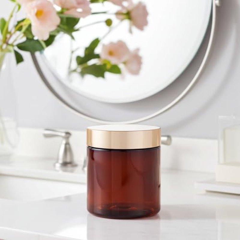 (6 Pack) 8 oz Amber PET Plastic Jar with Gold Metal Overshell Lid + Spatulas