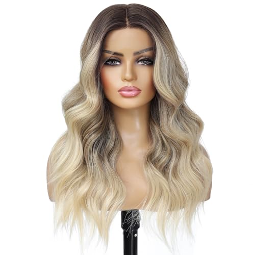LuxeMelan Ombre Blonde 613 Wavy Lace Front Wig 20 Inch Middle Part Synthetic Heat Resistant Fiber - Natural Look