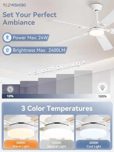 ZMISHIBO 52-Inch Modern Ceiling Fan with Lights & Remote Control - White, Indoor Use