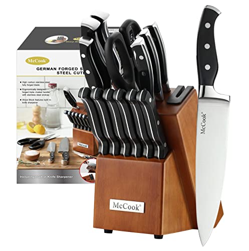 McCook 15-Piece Kitchen Knife Set with Built-In Sharpener - Black/Walnut