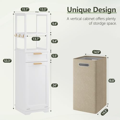 Tilt Out Laundry Hamper Cabinet with Shelves and Drawer - White, 53 Inch