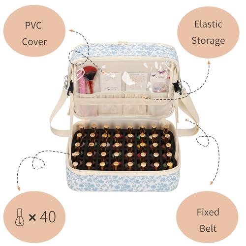 Blue Flower Nail Polish Organizer Bag Holds 50+ Bottles & UV Nail Lamp