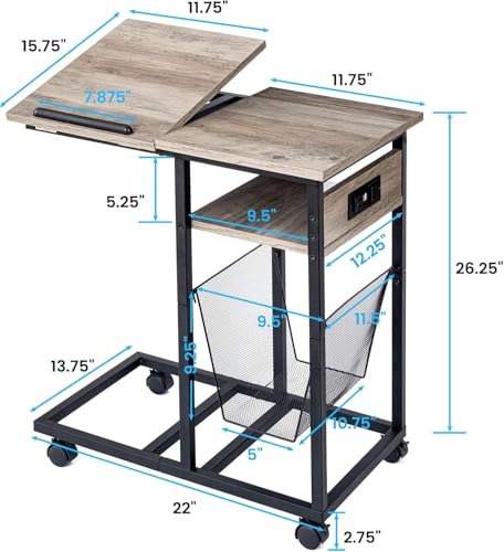 C-Shaped End Table with Charging Station, Tilting Top & Lockable Wheels - Grey