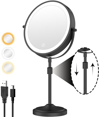 Erlingeryi 9-Inch Lighted Makeup Mirror with 1X/10X Magnification - Black, 10x Variant Included