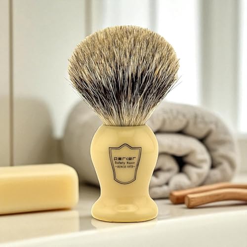 Premium Badger Shaving Brush with Faux Ivory Handle - 3-Band Pure Bristles