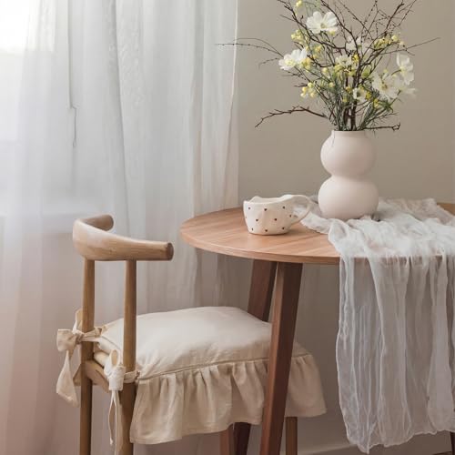 French Ruffled Chair Cushion Covers Set 6 Retro Cream White No Padding - Tie-On Slipcovers
