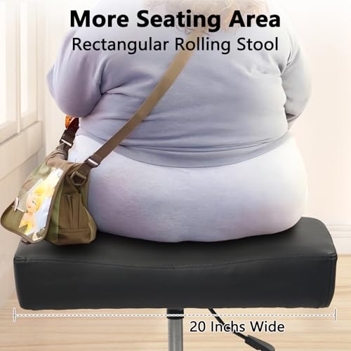 Heavy Duty Extra Wide Rolling Stool PU Leather Thickened Seat Cushion with Foot Rest Adjustable Height Swivel with Wheels for Spa Salon Tattoo Work Massage Barstool, Black, 1 Pack