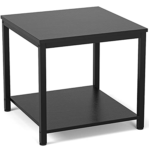Homieasy Black 20-Inch Square 2-Tier Metal Wood Side Table - Modern Industrial Nightstand