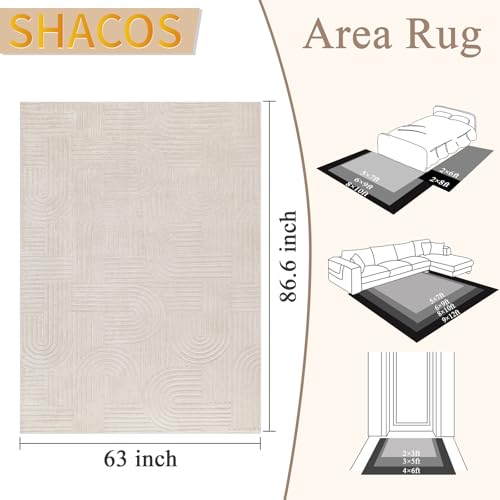 SHACOS Beige 5'3"x7'3" Fluffy Geometric Area Rug - Non Slip Washable Modern Carpet