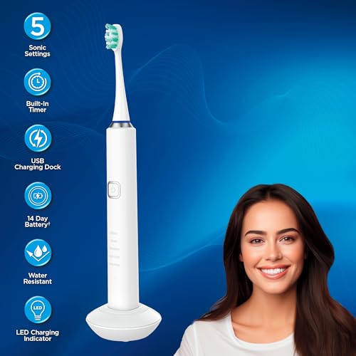 Ontel Miracle Smile Electric Toothbrush 40,000 VPM, 5 Modes, 6 Bristle Heads, USB Dock, Travel Case