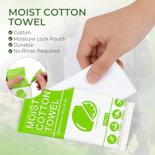 Body Wash Towelettes Scented Lemon Moist Cotton Towel Moist Towelettes Travel Size Individually Wrapped Bulk for Hiking Gym Camping Outdoor Sports (50 Pack)