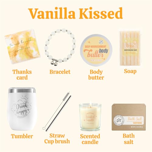 Vanilla Spa Gift Set for Women - 6pcs Bath & Relaxation Kit with Bracelets & Tumbler