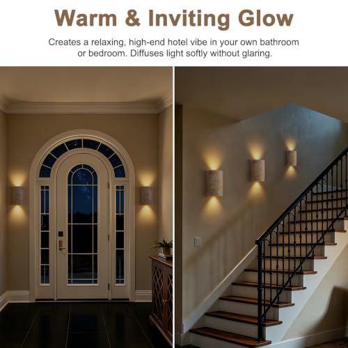 Natural Travertine Wall Sconce with Warm LED Light - Modern Japandi Minimalist Wall Lamp for Bedroom Living Room Hallway
