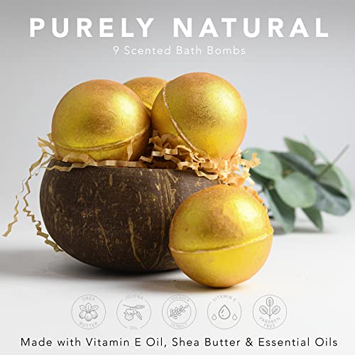 Birthday Gifts, 24K Gold Bath Bombs Set, Deluxe Marble Bath Bomb Gift Set, 9 Bath Bombs for Women & Men, Perfect for Bubble & Spa Bath, Natural Scents, Vanilla Coconut, Lavender, Jasmine & More