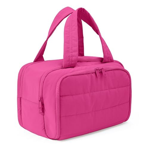 Travel Toiletry Bag for Women, Large Wide-open Puffy Cosmetic Makeup Bag with Wet-Dry Separation, Multi-Pocket Organizer with Carry Handle for Toiletries, Cosmetics, Essentials, Rose Red