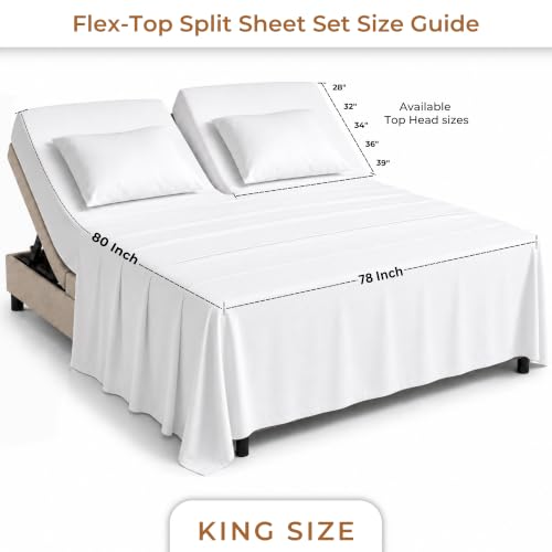 King Split Head Flex Top Bed Sheet Set - 100% Egyptian Cotton, 600 Thread Count, Adjustable Fit - White Solid (34 Inch Split) - 4 Piece