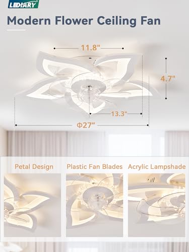 LEDIARY White Flower Shaped Ceiling Fan with Light, Low Profile, Dimmable LED & App Control
