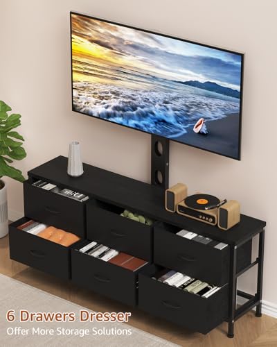 DrawXynth Black TV Stand with Mount and 6 Fabric Drawers for 32-75 Inch TVs