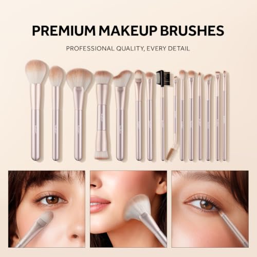 Makeup Brush Set - 15-Piece Face & Eye Cosmetic Tools in Champagne Gold