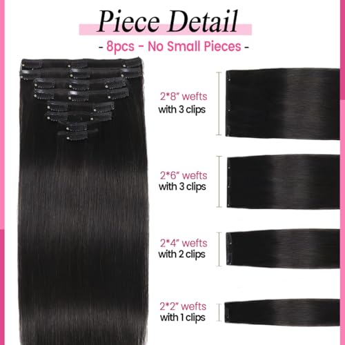 Clip in Hair Extensions 14 Inch 80g Natural Black #1B Remy Human Hair - Double Weft, Easy to Style