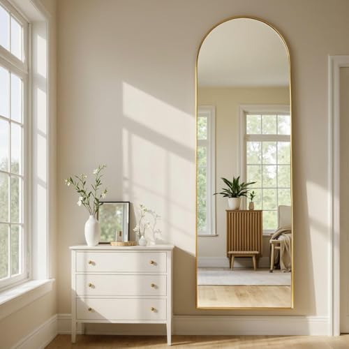 Full Length Arched Floor Mirror with Stand - 64x21 Inches, Gold Frame