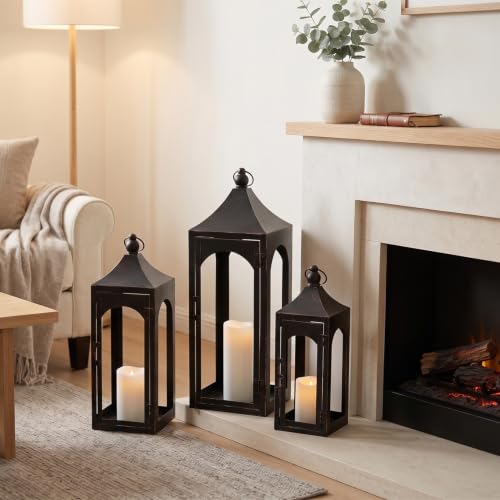 Decorative Lanterns Set of 3 - Bronze Outdoor Metal Candle Holders with LED Candles