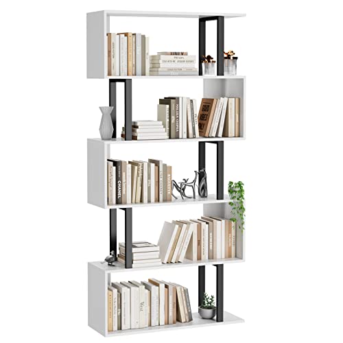 Gadroad 5-Tier S-Shaped Tall Bookshelf - White, 27.56W x 62H, Space-Saving Storage