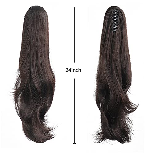 HSPJHTM 22 Inch Dark Brown Synthetic Ponytail Extensions - Pack of 2, Clip-In Hairpieces for Women