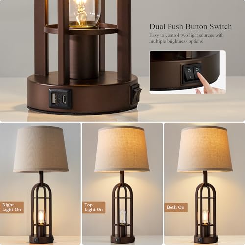 SRJJA 24-Inch Industrial Table Lamps Set of 2 with USB A+C & Bronze Switch